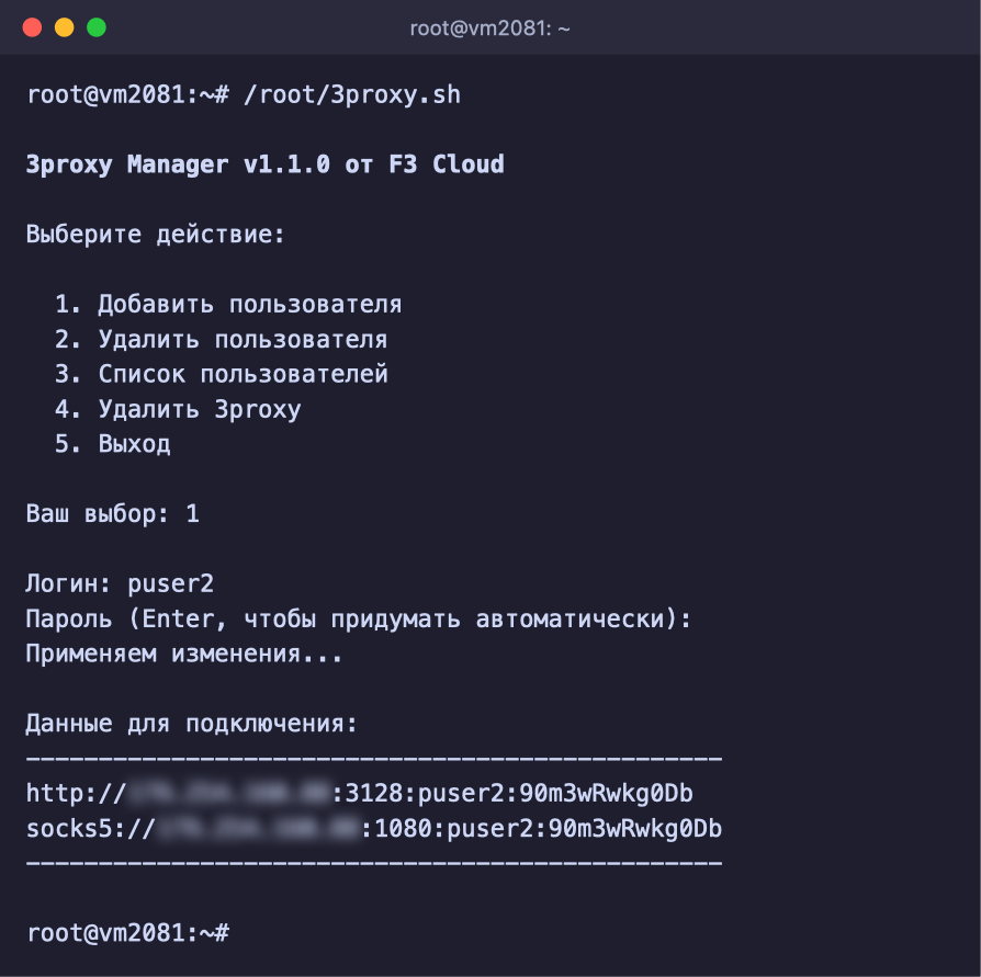 Hinzufügen eines Benutzers über das Menü von 3proxy Manager mit erzeugtem Passwort
