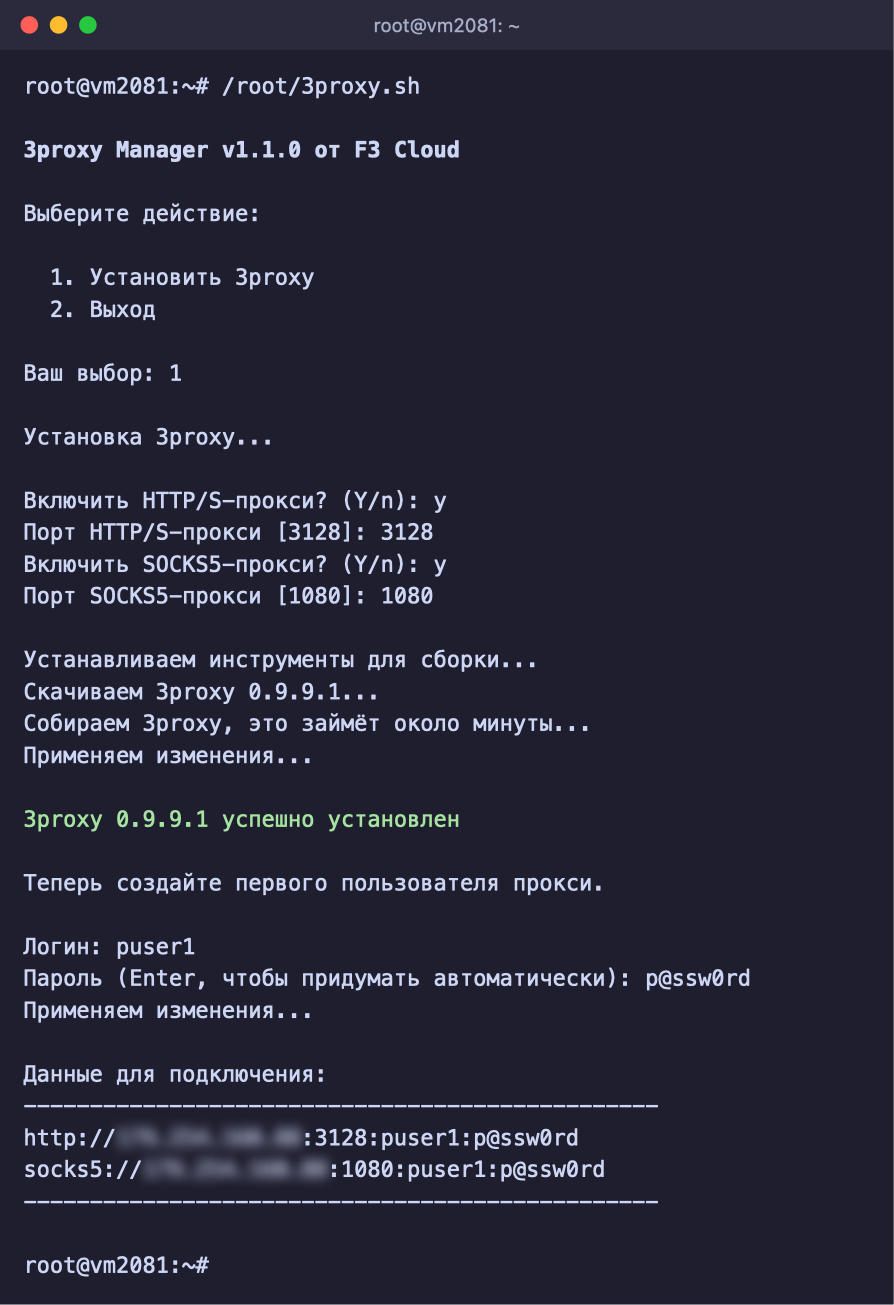 Installation von 3proxy mit dem Skript 3proxy Manager und Anlegen des ersten Benutzers