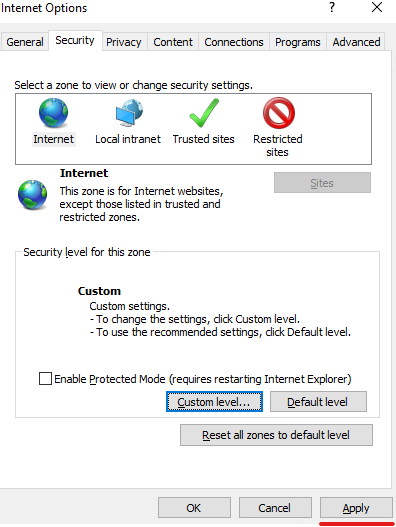 Schaltfläche Apply im Fenster Internet Options