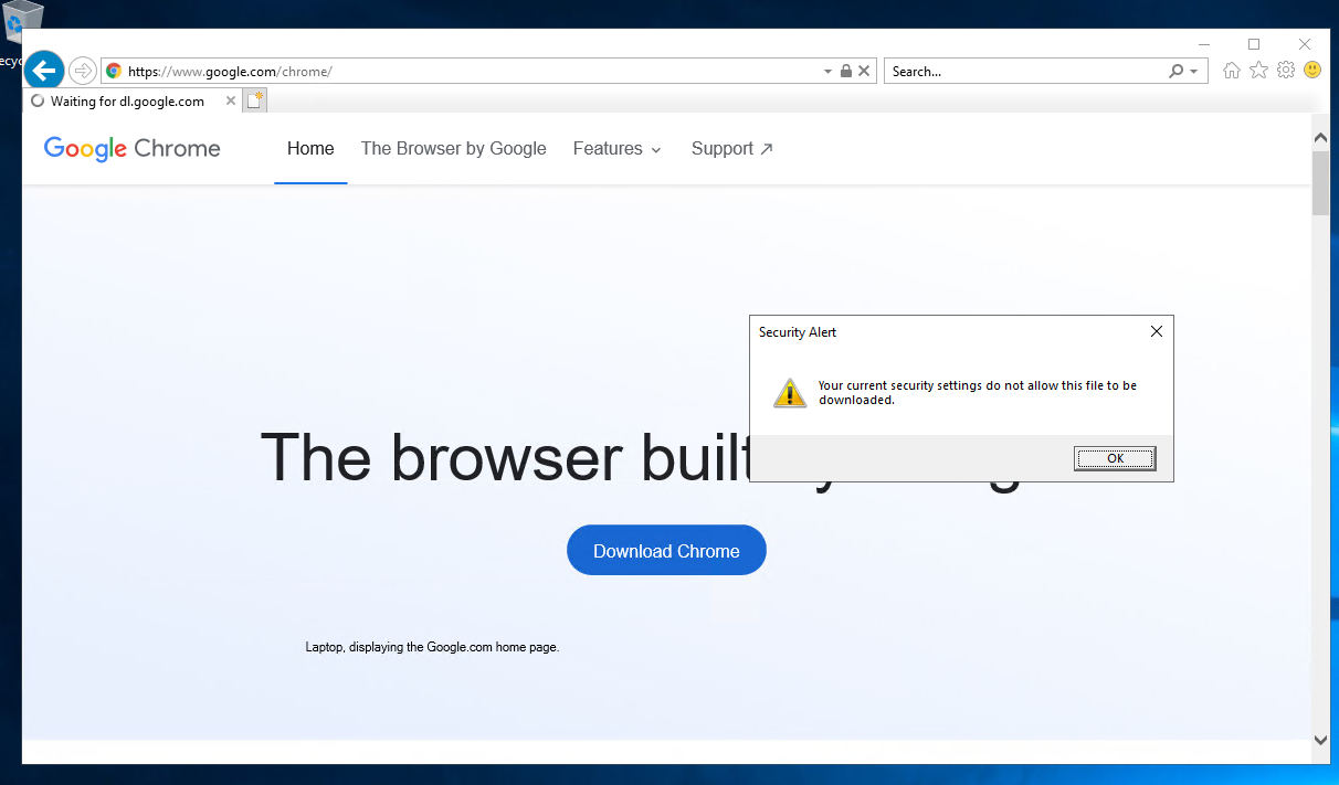 Meldung des Internet Explorer, dass die Sicherheitseinstellungen den Download der Datei blockieren