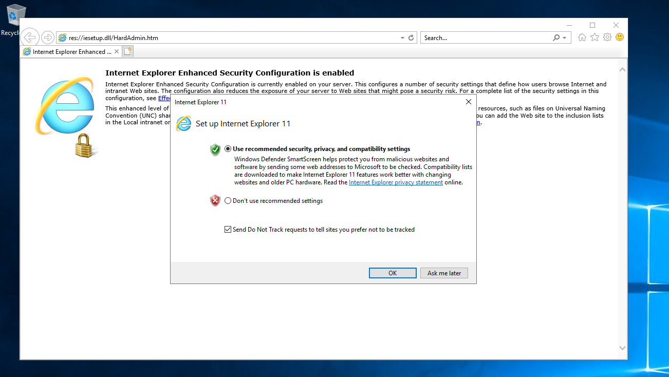 Fenster beim ersten Start von Internet Explorer 11 mit den empfohlenen Sicherheitseinstellungen