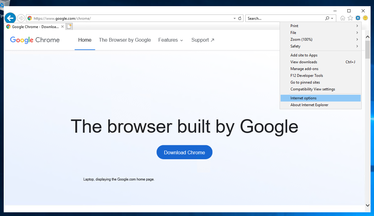 Zahnradmenü des Internet Explorer mit markiertem Punkt Internet options