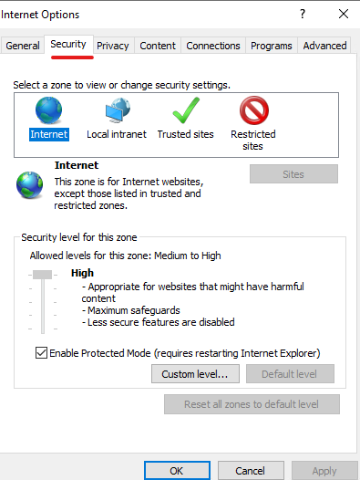 Registerkarte Security im Fenster Internet Options mit ausgewählter Zone Internet