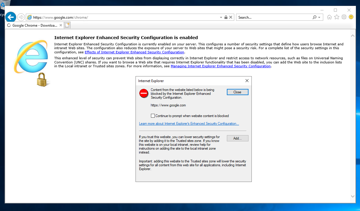 Dialog des Internet Explorer über blockierte Inhalte mit der Schaltfläche Close