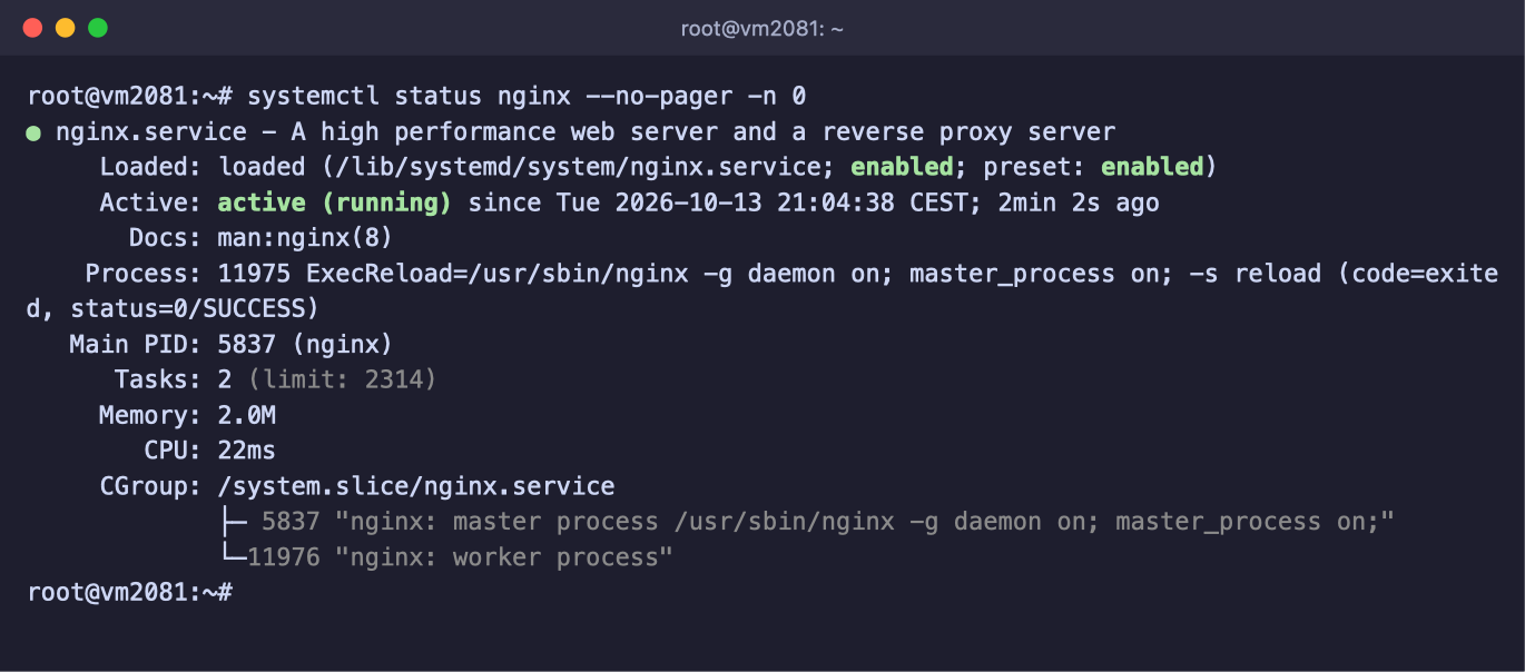 Ausgabe von systemctl status nginx mit dem Status active (running)