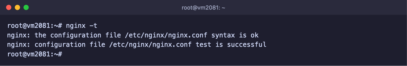 Erfolgreiche Prüfung der Konfiguration mit nginx -t