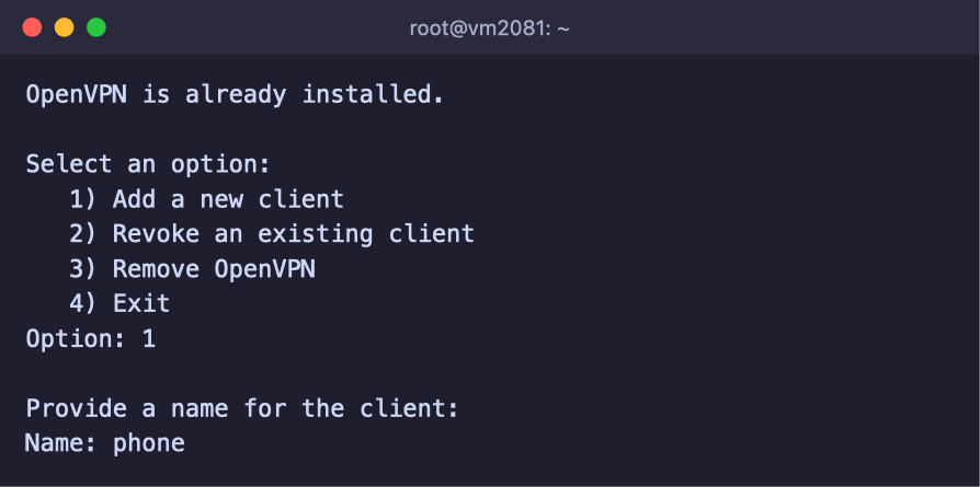 Menü des Skripts openvpn-install beim Hinzufügen eines neuen Clients