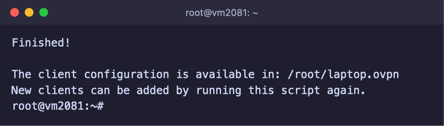 Meldung über das Ende der OpenVPN-Installation mit dem Pfad zur Client-Datei