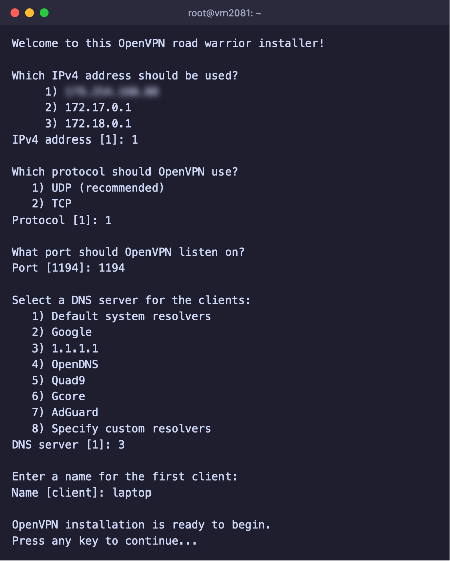 Fragen des Skripts openvpn-install vor der Installation von OpenVPN
