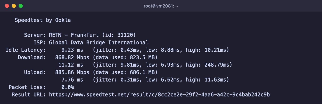 Ergebnis von Speedtest mit Latenz, Download- und Upload-Geschwindigkeit