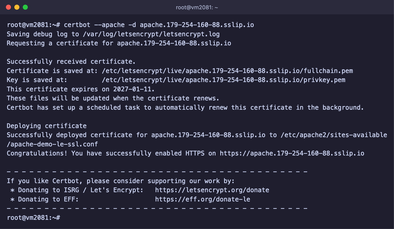 Erfolgreiche Ausstellung des Zertifikats mit certbot --apache