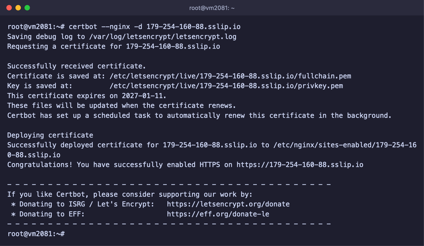 Erfolgreiche Ausstellung des Zertifikats mit certbot --nginx