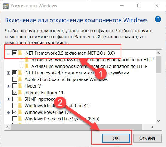 Aktiviertes Kontrollkästchen .NET Framework 3.5 im Fenster der Windows-Features