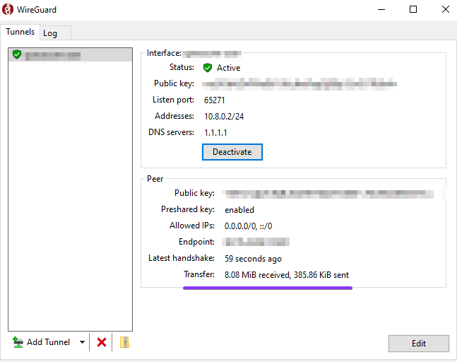 Aktiver Tunnel in WireGuard für Windows